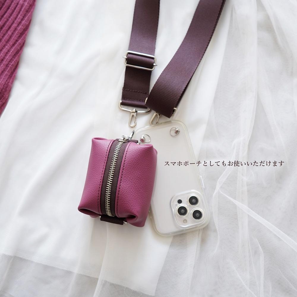 スマホポーチ バッグチャーム（キルト茶/ピンク）スクエアポーチ　カバンにつけるポーチ エコレザーミニケース 旅行に | 13枚目