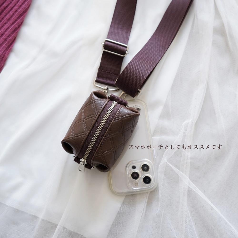 スマホポーチ バッグチャーム（キルト茶/ピンク）スクエアポーチ　カバンにつけるポーチ エコレザーミニケース 旅行に | 7枚目
